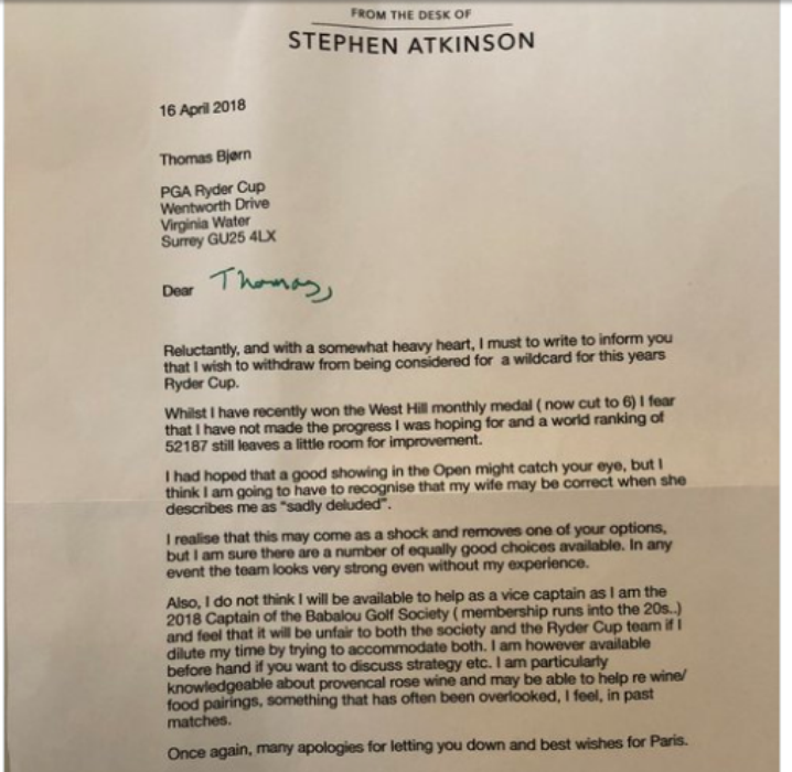Đội phó tuyển châu Âu Stephen Atkinson rút khỏi Ryder Cup 2018